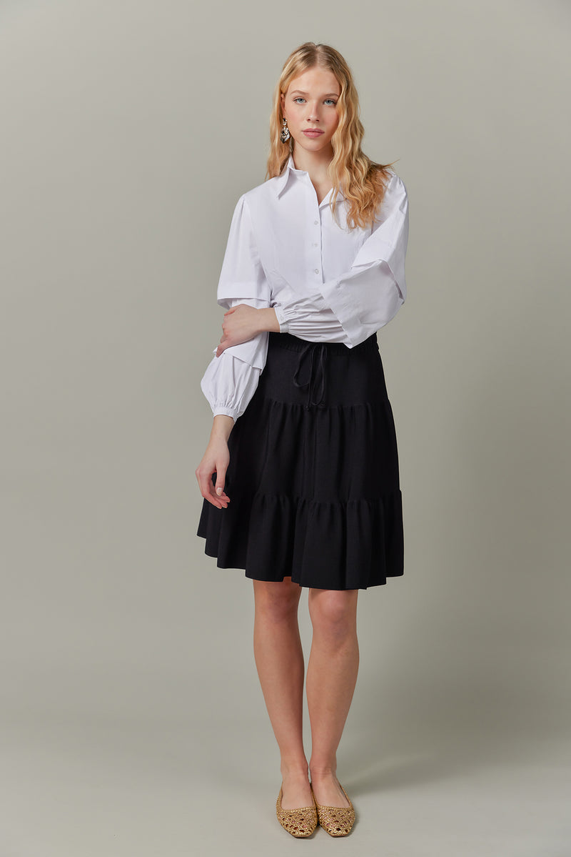 Drawstring Tiered Knit Skirt in Black