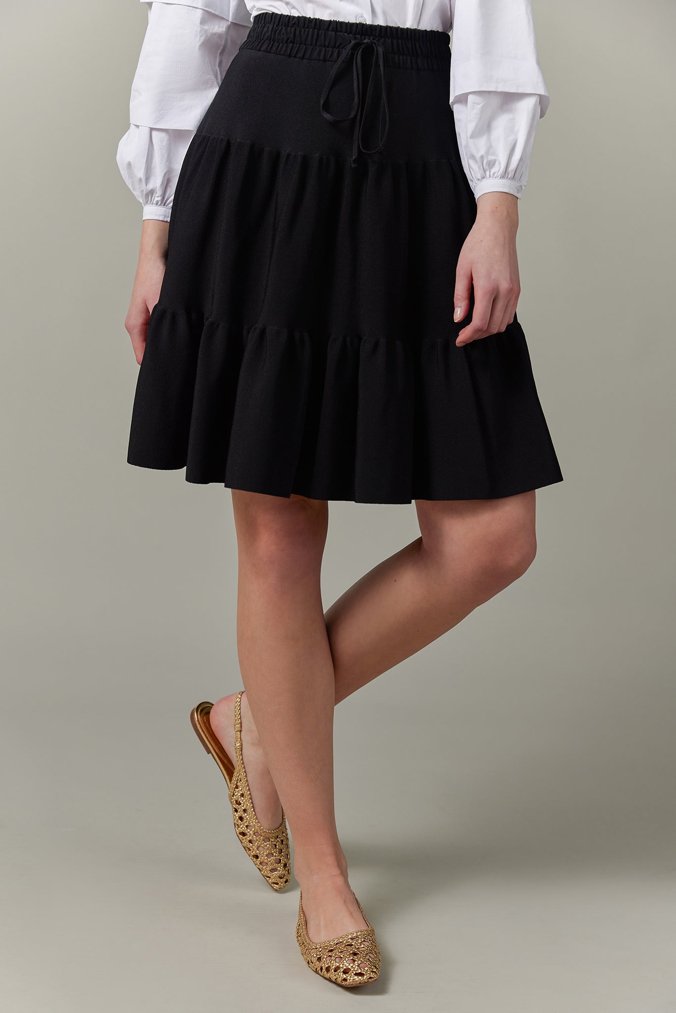 Drawstring Tiered Knit Skirt in Black