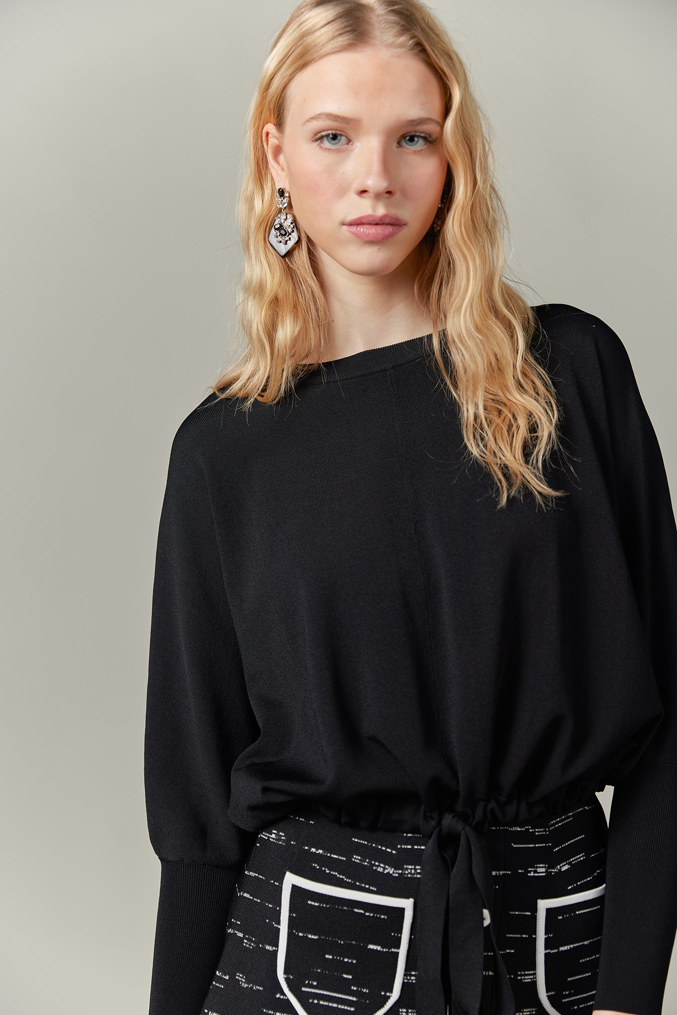 Drawstring Dolman Sweater in Black (Summer Knit)
