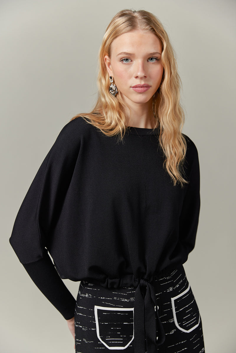 Drawstring Dolman Sweater in Black (Summer Knit)