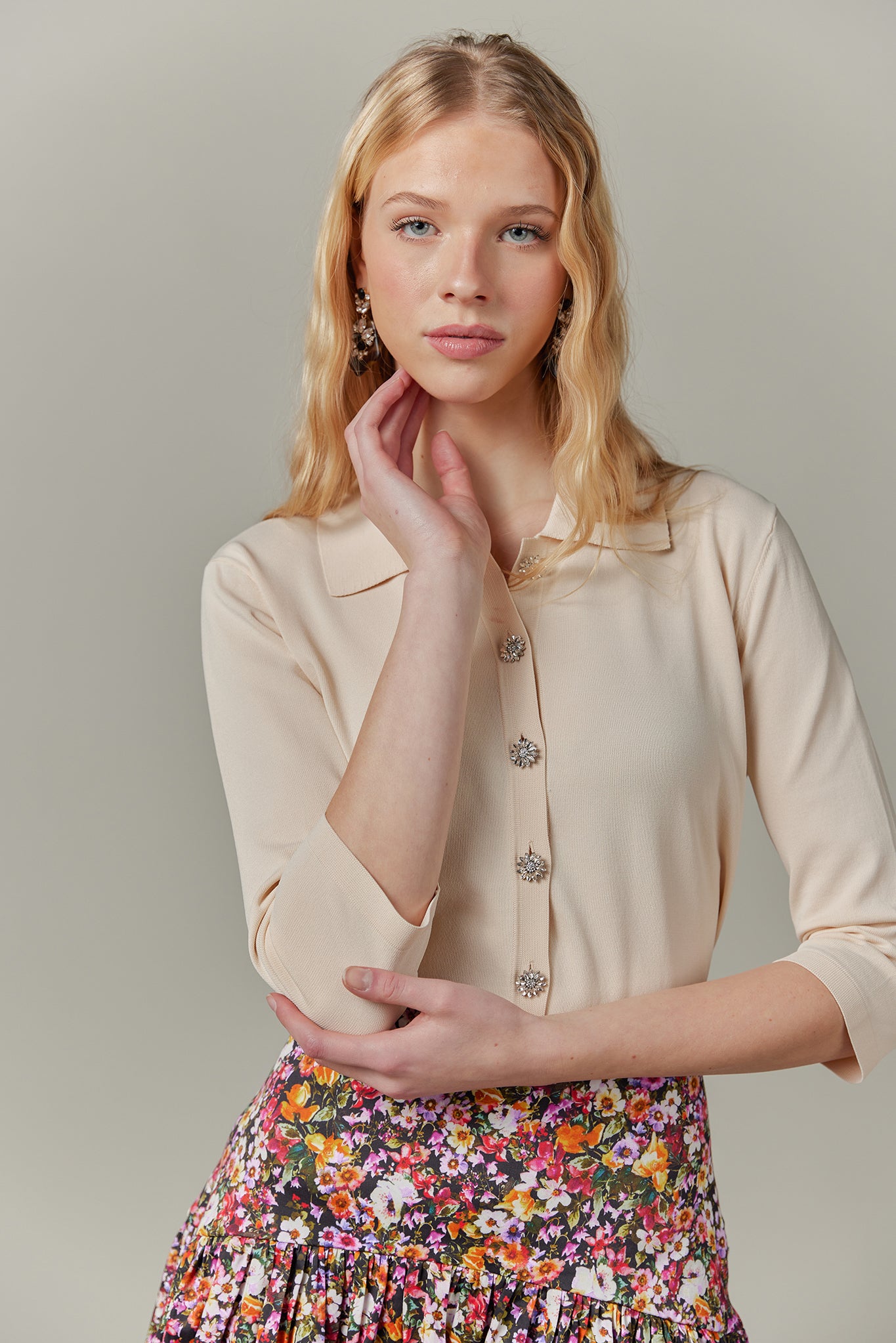 Knit Blouse with Crystal Buttons in Vanilla