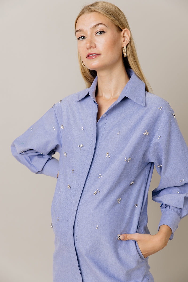 Embellished Cotton Shirt Dress in Blue