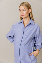 Embellished Cotton Shirt Dress in Blue