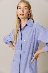 Embellished Cotton Shirt Dress in Blue
