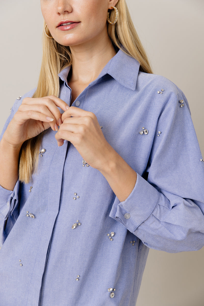 Embellished Cotton Shirt Dress in Blue