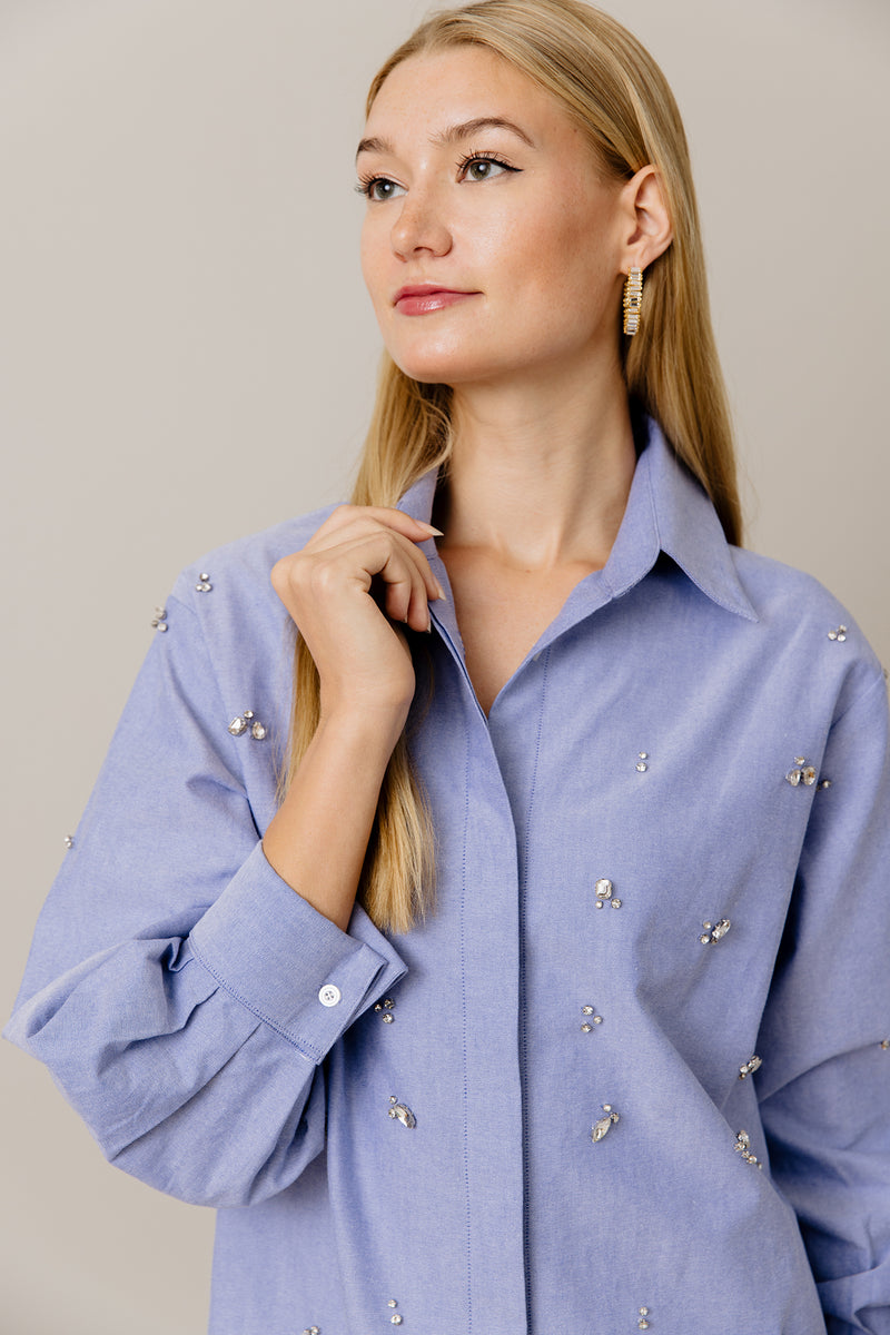 Embellished Cotton Shirt Dress in Blue