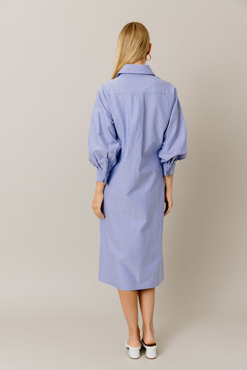 Embellished Cotton Shirt Dress in Blue