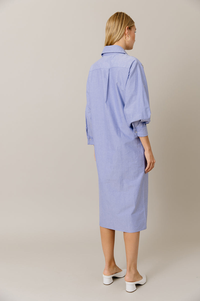 Embellished Cotton Shirt Dress in Blue
