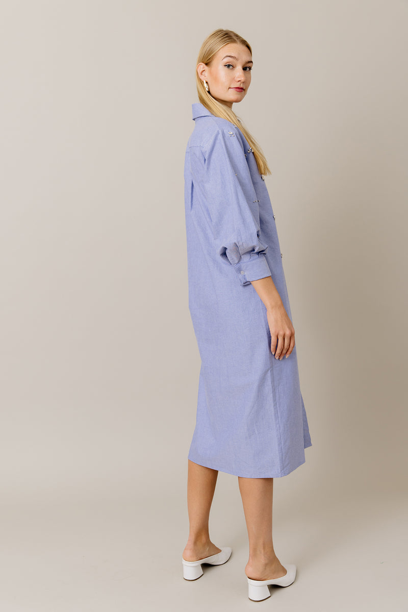 Embellished Cotton Shirt Dress in Blue