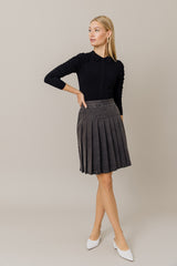 Stretch Denim Pleated Skirt in Black Light Wash