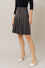 Stretch Denim Pleated Skirt in Black Light Wash