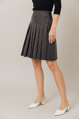 Stretch Denim Pleated Skirt in Black Light Wash