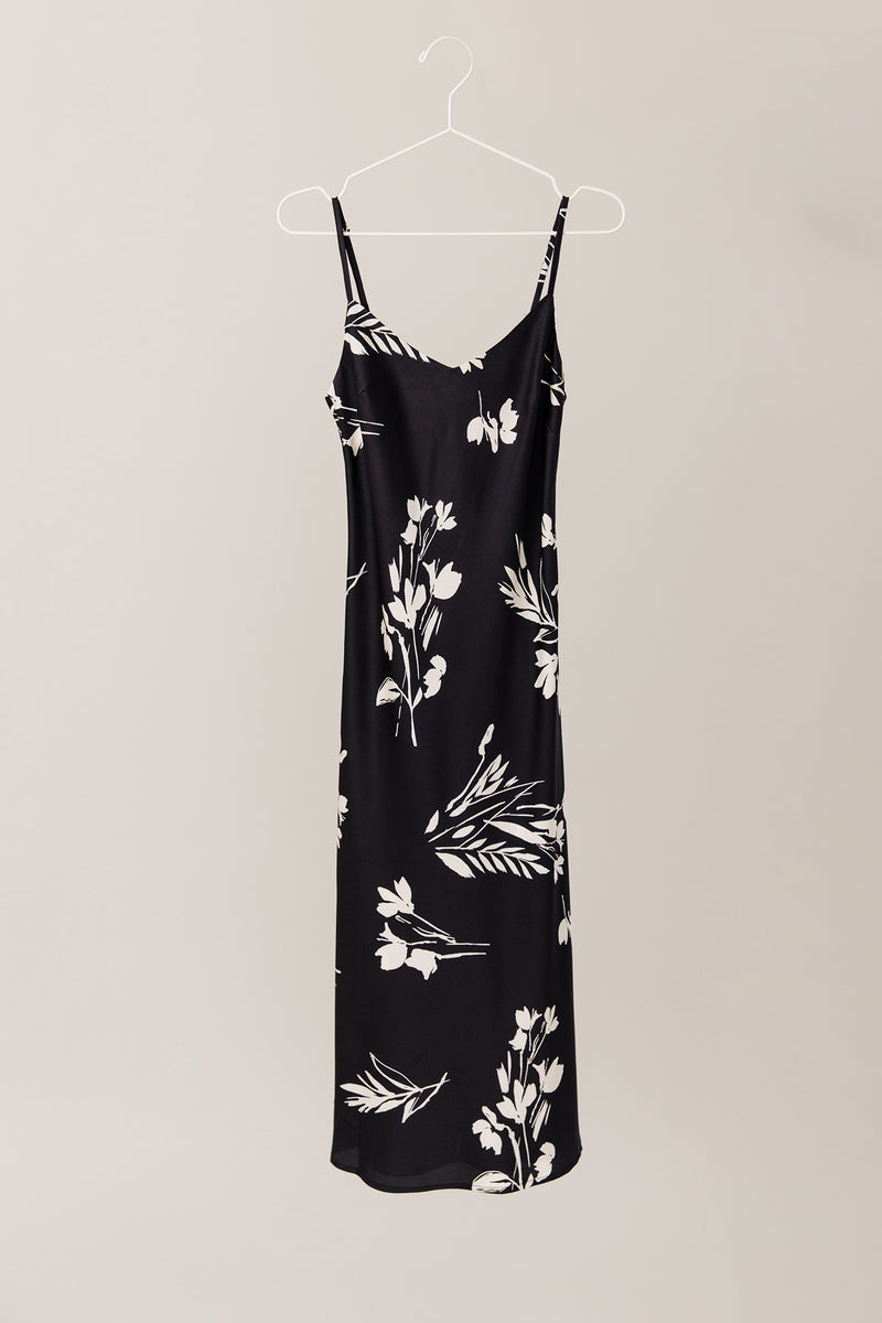 Printed Slip Dress in Black/White Floral