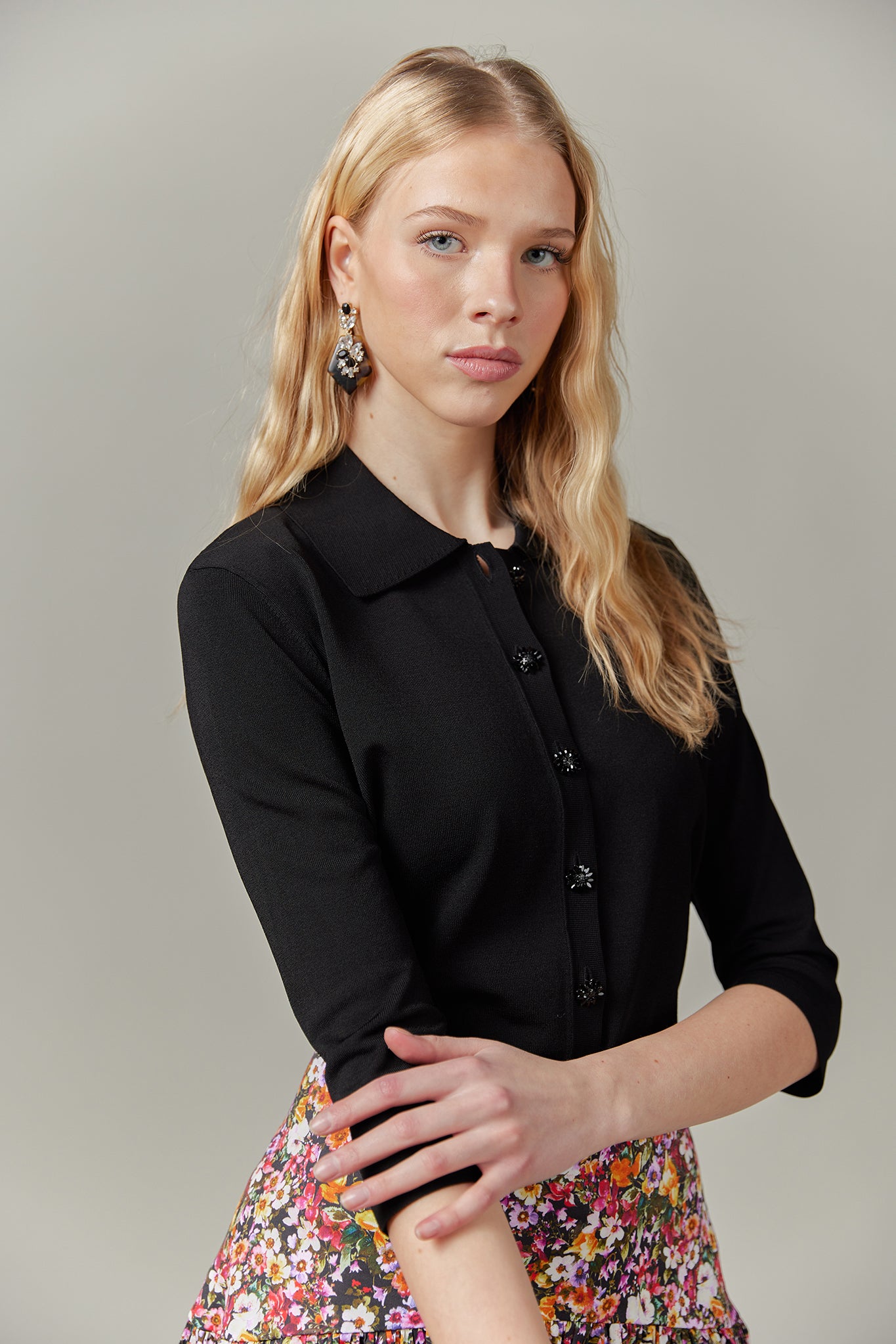 Knit Blouse with Crystal Buttons in Black