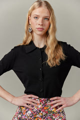 Knit Blouse with Crystal Buttons in Black