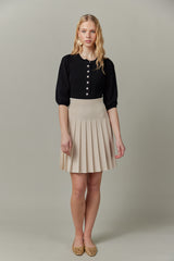 Ribbed Knit Top with Pearl Buttons in Black