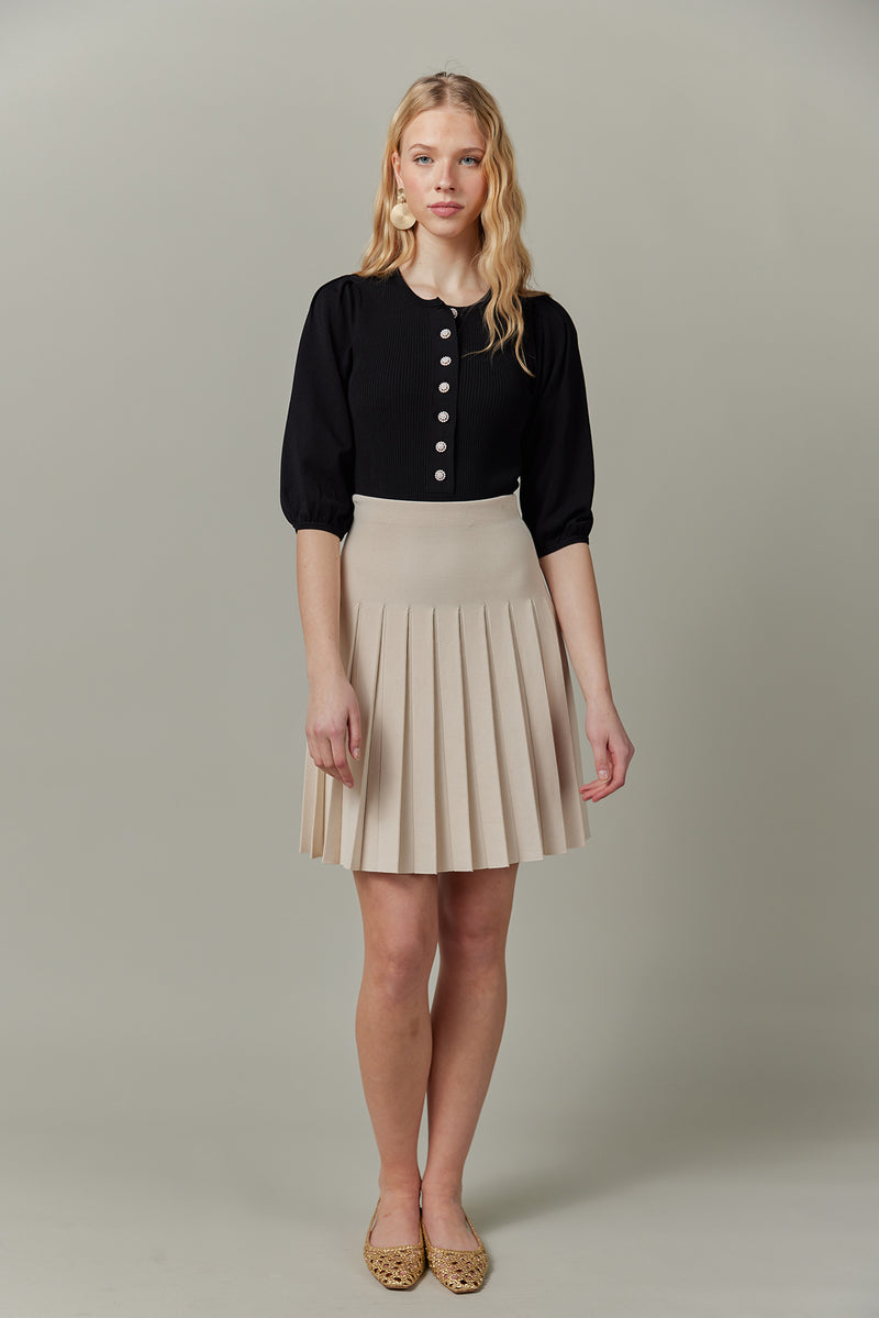 Ribbed Knit Top with Pearl Buttons in Black