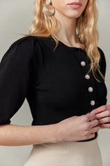 Ribbed Knit Top with Pearl Buttons in Black
