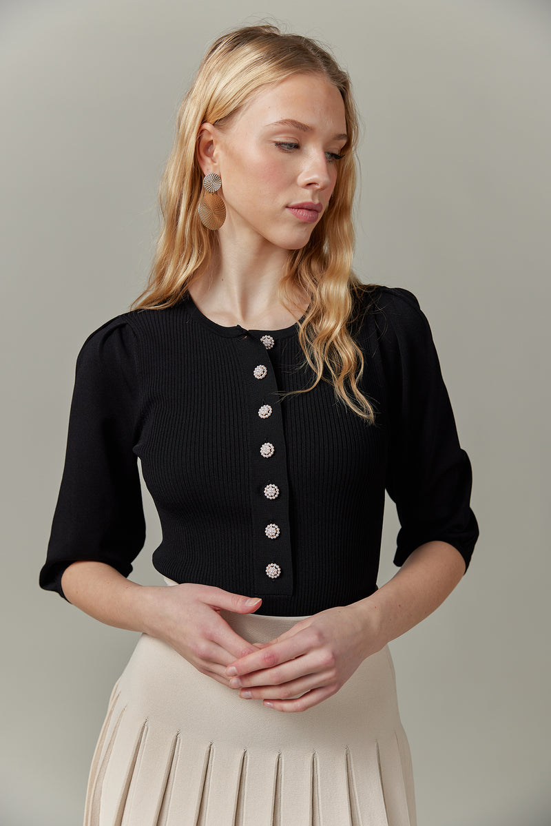 Ribbed Knit Top with Pearl Buttons in Black