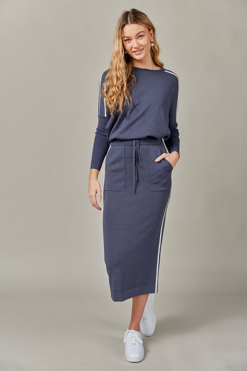 Stripe Knit Midi Skirt in Dark Denim