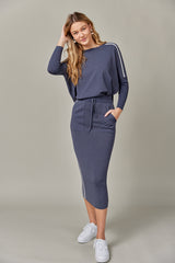 Stripe Side Vent Dolman Sweater in Dark Denim