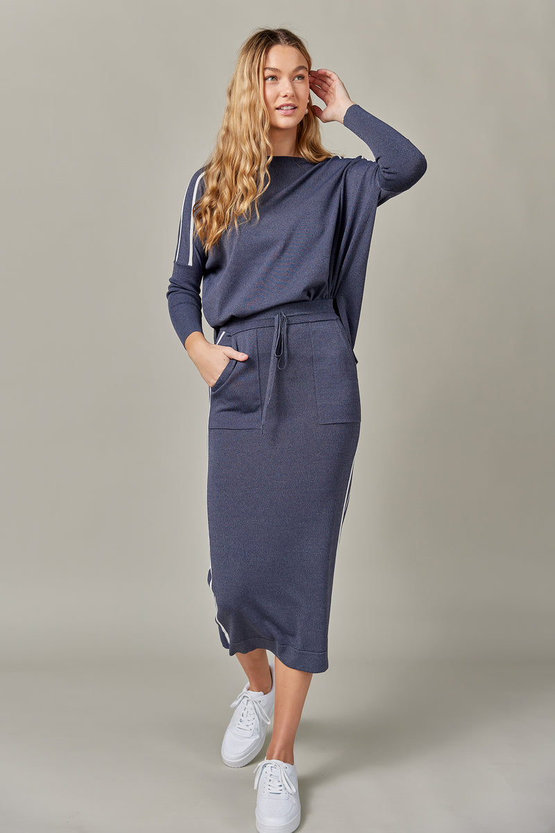 Stripe Side Vent Dolman Sweater in Dark Denim