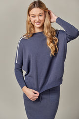 Stripe Side Vent Dolman Sweater in Dark Denim