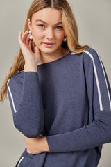 Stripe Side Vent Dolman Sweater in Dark Denim