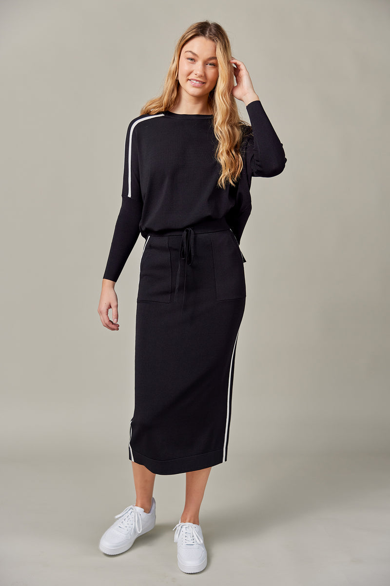 Stripe Side Vent Dolman Sweater in Black