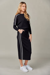 Stripe Knit Midi Skirt in Black