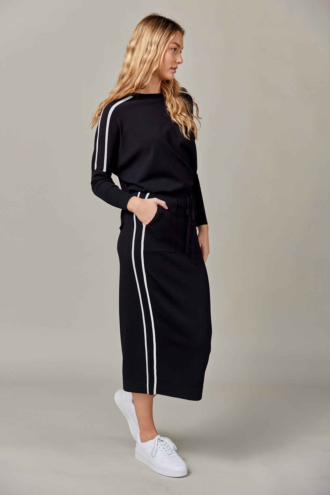 Stripe Knit Midi Skirt in Black