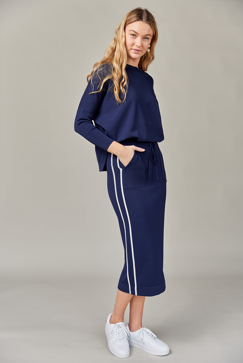 Stripe Knit Midi Skirt in Midnight Navy