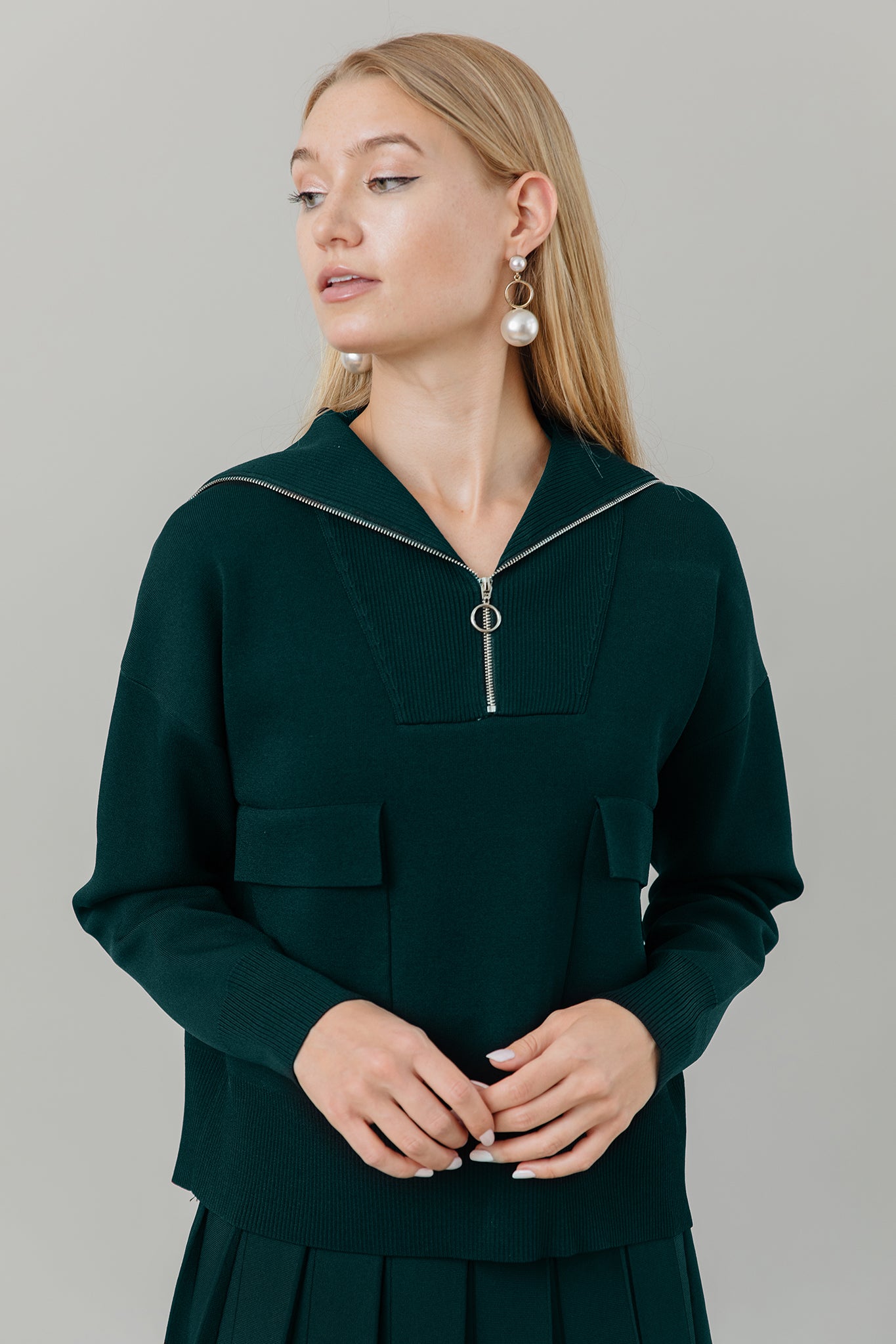 Knit Zip Top with Pockets in Forest Pine