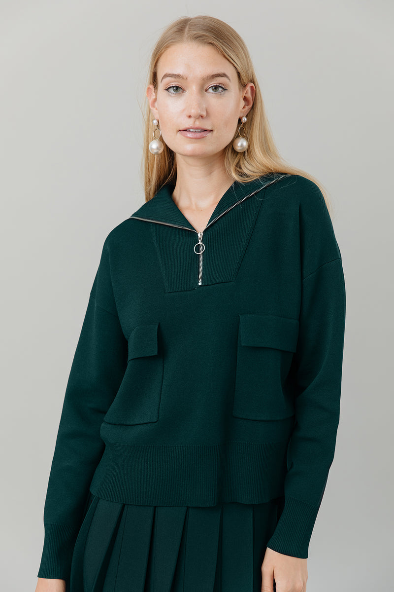 Knit Zip Top with Pockets in Forest Pine