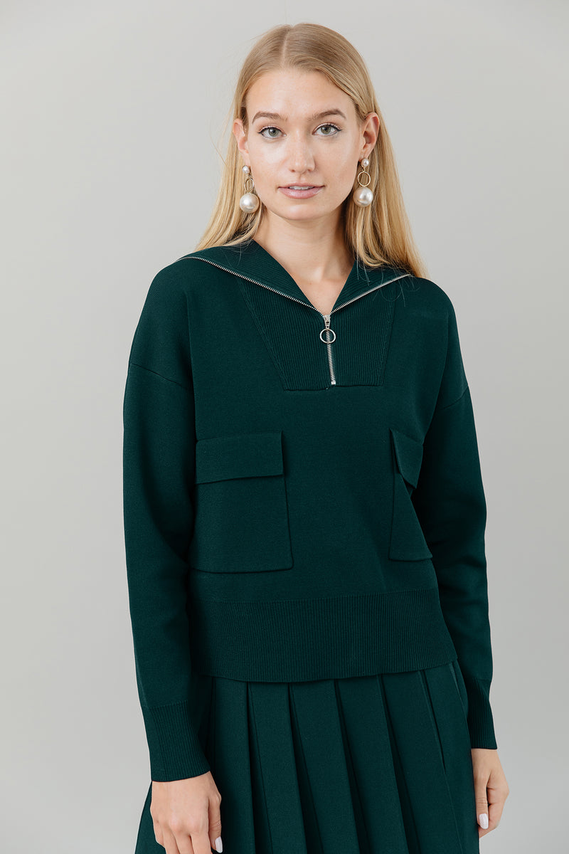 Knit Zip Top with Pockets in Forest Pine