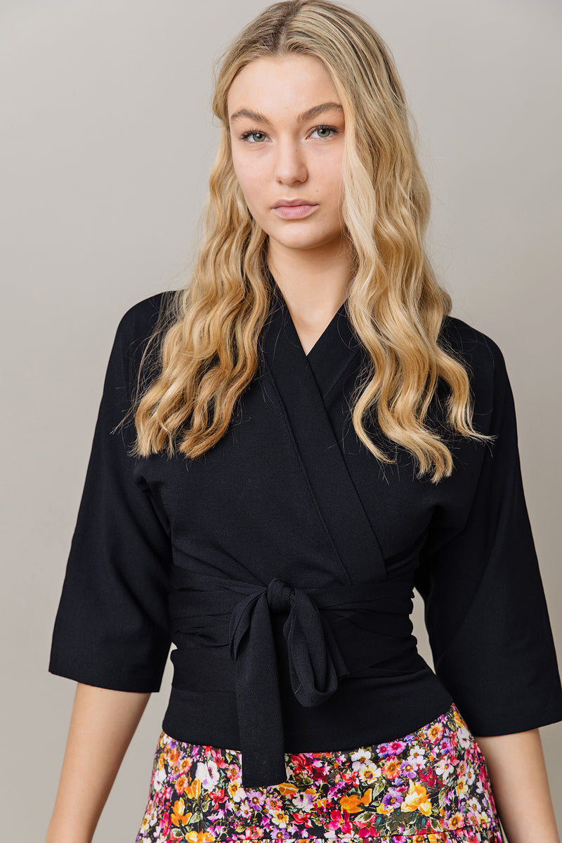 Knit Kimono Tie Top in Black