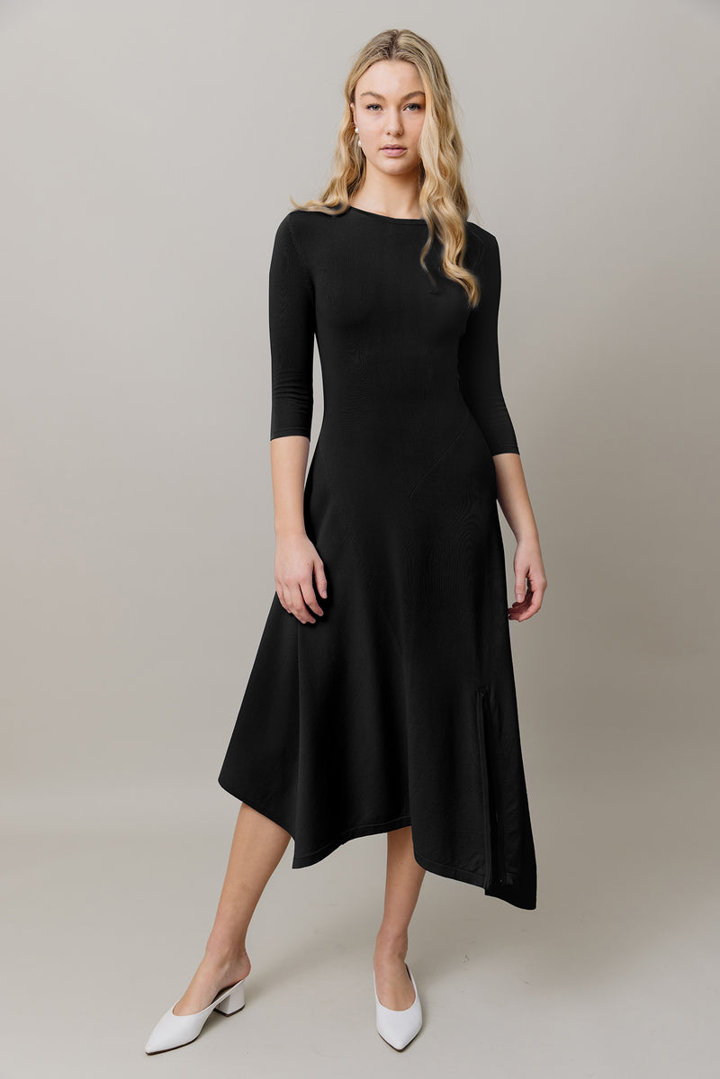 Asymmetrical Knit Midi Dress in Black