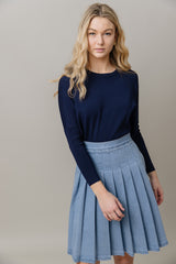 Stretch Denim Pleated Skirt in Stone Wash