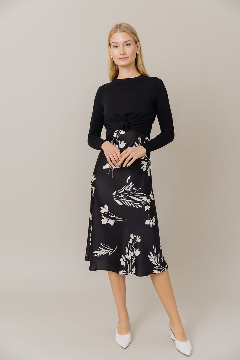 Printed Slip Dress in Black/White Floral