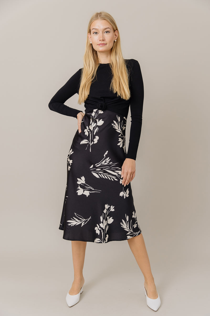 Printed Slip Dress in Black/White Floral