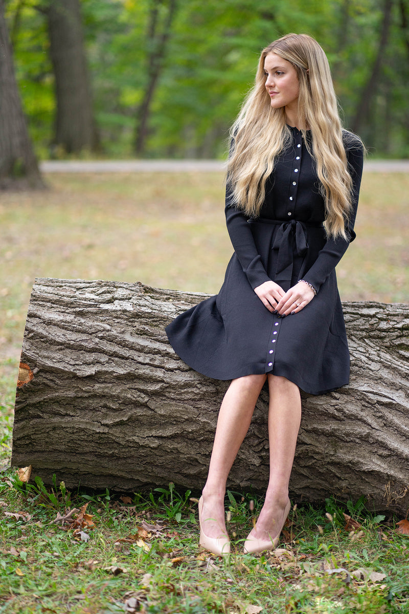 Ribbed Knit Button Down Dress in Black