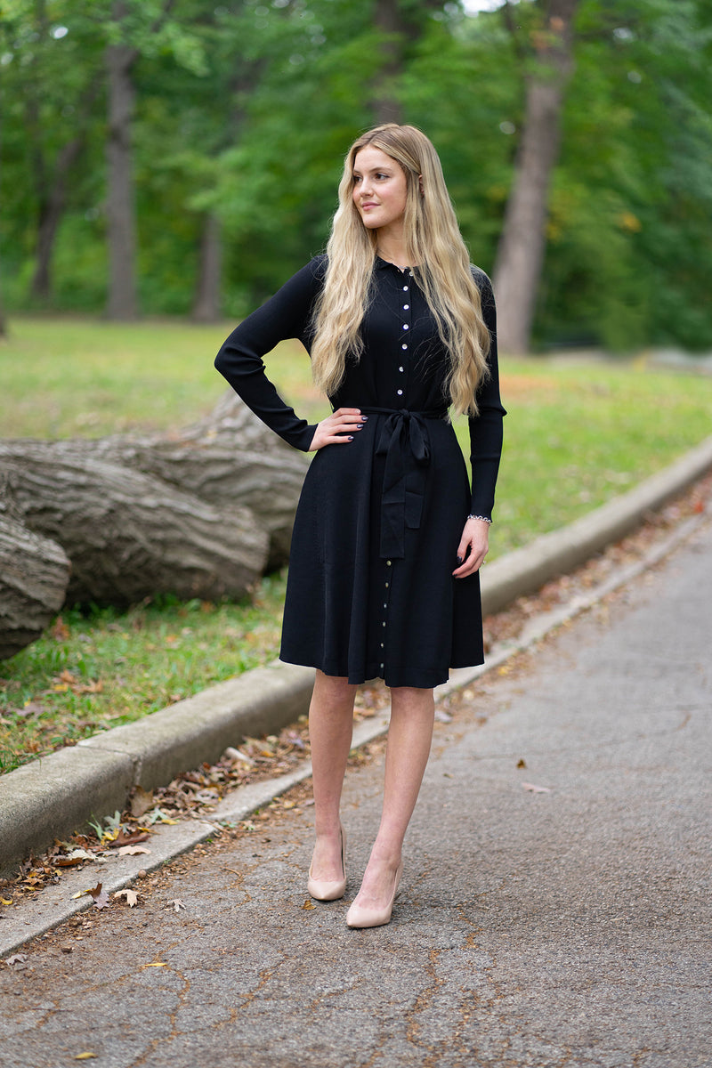 Ribbed Knit Button Down Dress in Black