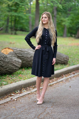 Ribbed Knit Button Down Dress in Black