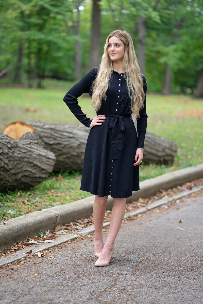 Ribbed Knit Button Down Dress in Black