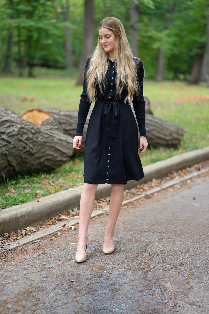 Ribbed Knit Button Down Dress in Black