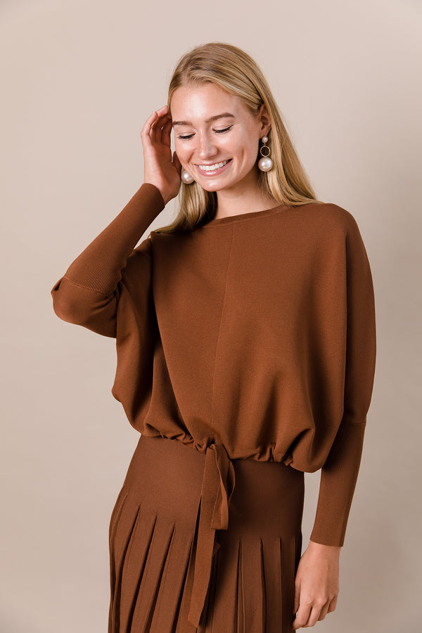 Drawstring Dolman Sleeve Sweater in Caramel