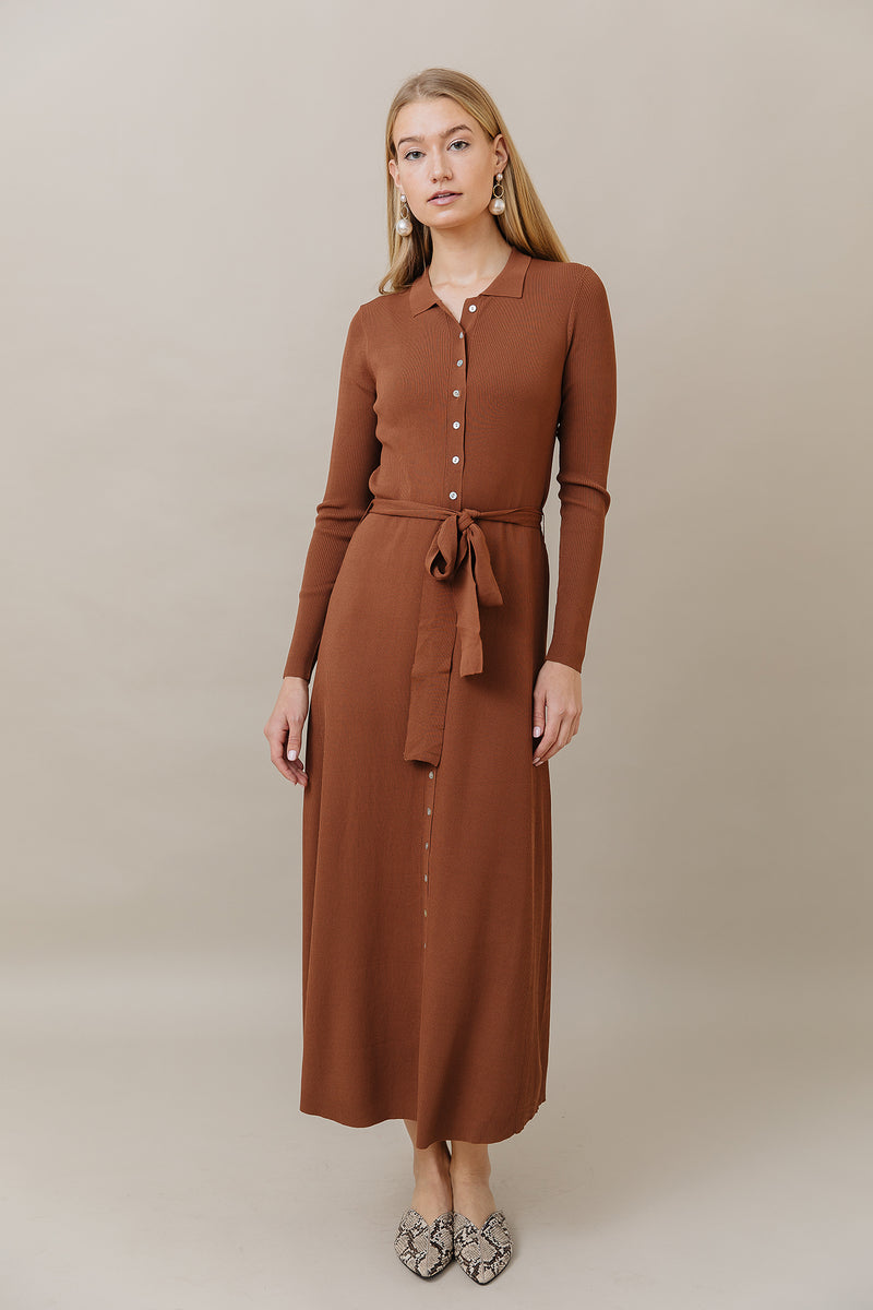 Knit Button Down Maxi Dress in Caramel