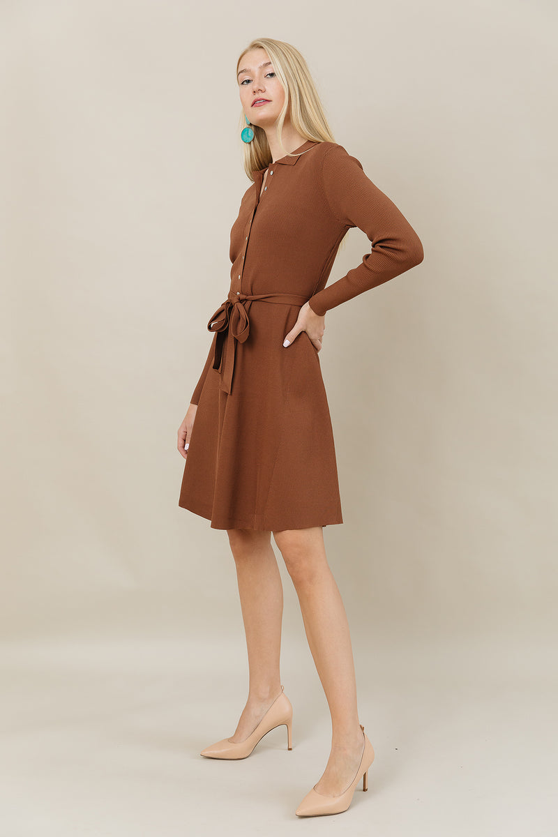 Ribbed Knit Button Down Dress in Caramel