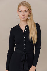 Ribbed Knit Button Down Dress in Black