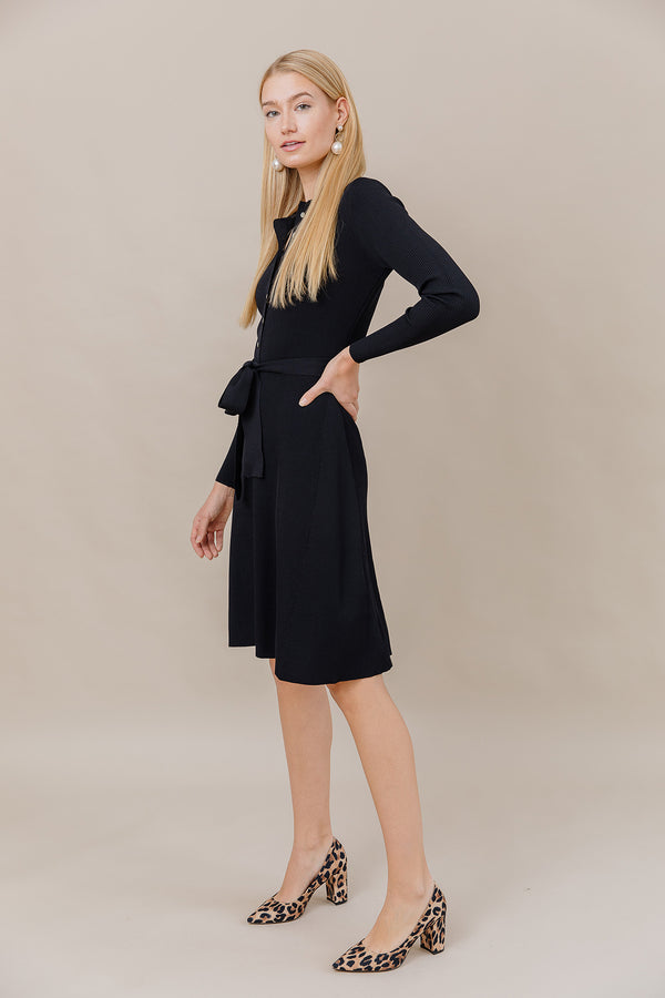 Ribbed Knit Button Down Dress in Black